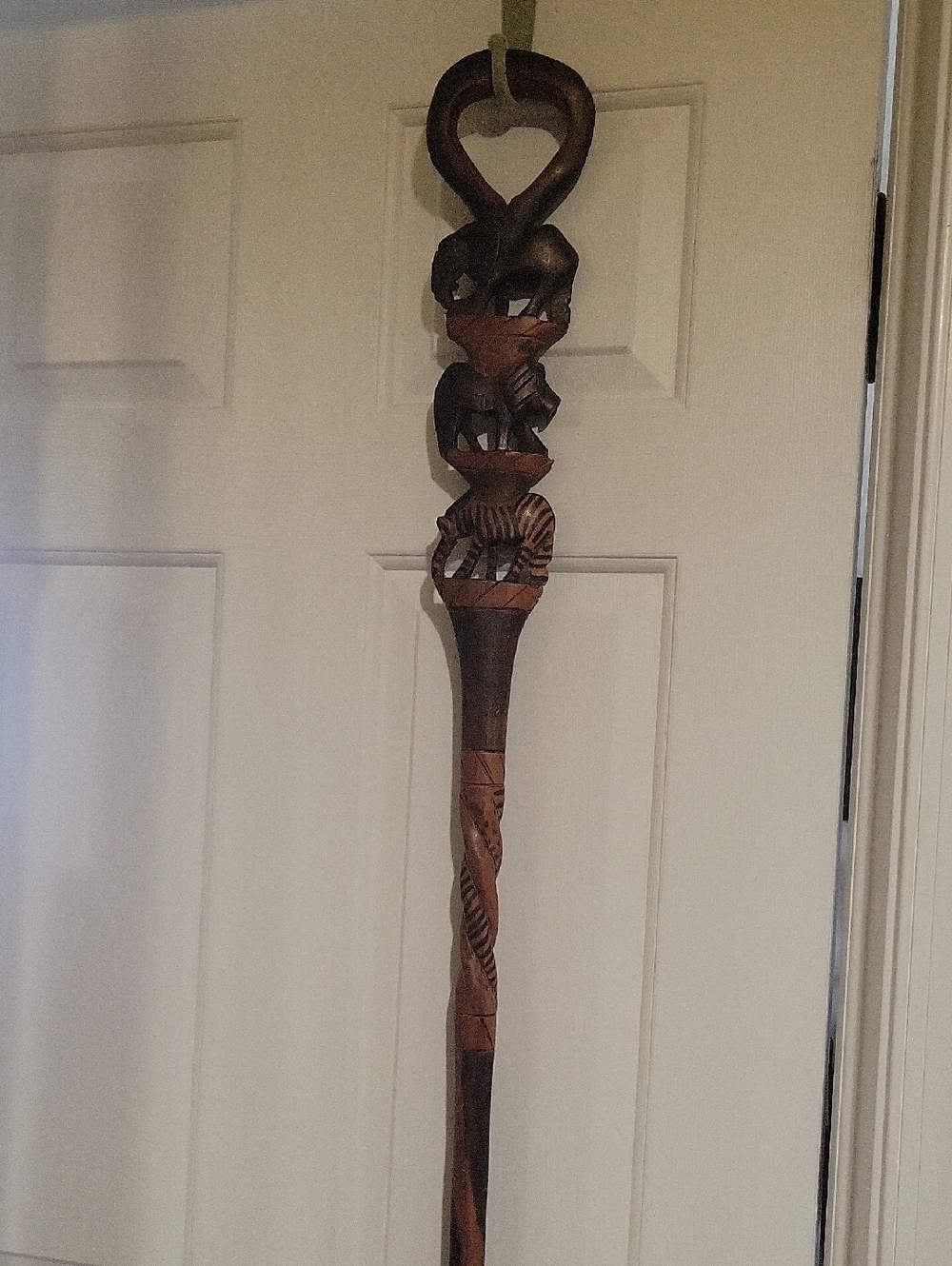 GHANA Hand-Carved Wooden Walking Stick with Animal Motif - Brown